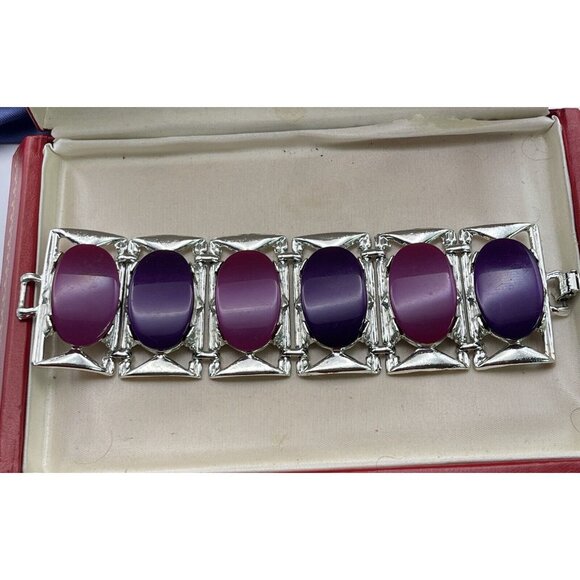 Vintage Bracelet Estate Signed DAM Lucite Chunky Runway Pink Purple 7” Heavy - Picture 8 of 10